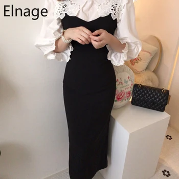Elegantne Vintage Naiste Kaks Tükki Set White Hollow Läbi Särgid Must Varrukateta Maxi Seksikas Kleit Mantel Pluss Suurusele Kevade Mood
