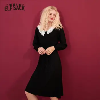 ELFSACK Tahke Puhas Kontrasti Pits Vabaaja Koo Vintage Kleidid Naistele,2020. Aasta Talvel Laterna Varruka korea Daamid Pool Kleit