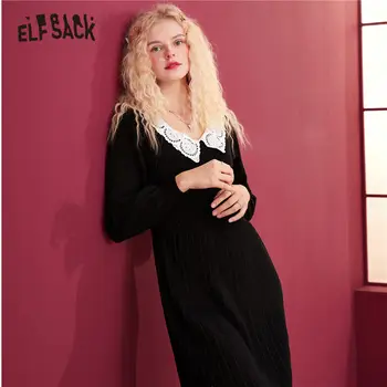 ELFSACK Tahke Puhas Kontrasti Pits Vabaaja Koo Vintage Kleidid Naistele,2020. Aasta Talvel Laterna Varruka korea Daamid Pool Kleit