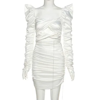 FANTOYE Vintage Õõnes Välja Rhinestone Mini Kleit Naistele Sügis Pikad Varrukad Ruched Pencil Dress Valge Backless Elegantne Vestido