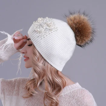 Fashion Suur Pearl Beanies aasta Sügisel, Talvel Villased Mütsid Naistele Reaalne Pesukaru Karusnahast Tutt Mütsid Daamid Kootud Soojad Naiste Müts DZM17