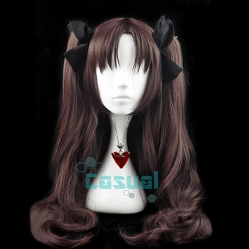 Fate/Stay Night Rin Tohsaka Pruun Hobusesaba 80cm Pikk Laineline kuumakindel Juuksed Cosplay Kostüüm Wig + Ruby Kaelakee + 4 Juuksenõelad