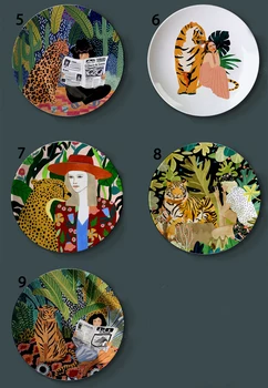 Flora Tiiger ja Tüdruk Akvarell Plaadid Loominguline Kodus Dekoratiivsed Illustratsioon Keraamiline Plaat Decor Käsitöö Leopard Lady Euroopa Decor