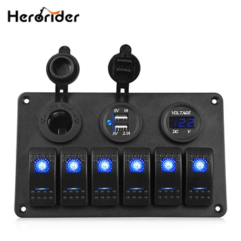 Herorider 6 Gang 24V LED-Rocker-Lüliti Paneel Kaitselüliti Laadija Dual USB Pesa Cigaretter Ühendage Voltmeeter Auto, Auto Laadija