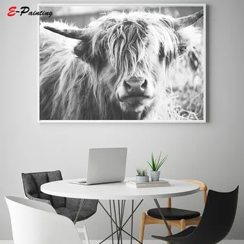 Highland Lehm Prindi Seina Art Must ja Valge Plakat Printable Looduslike Looma-Pulli Talu Fotograafia Lõuendile Maali