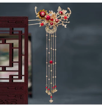 HIMSTORY Retro Hiina Stiilis Traditsiooniline Pruudi Headdress klambri külge Punased Pärlid, Kuld Pikk Tutt Peapael Pulm Tarvikud