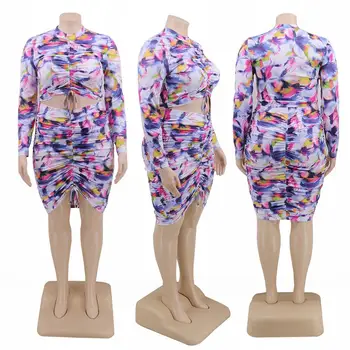 Hot Müük Naised Tie-Dye Printimiseks Pingutusnöör Kleidid 2020. Aasta Sügisel Lady O-kaeluse jaoks Täielik Varruka Saagi Tops Kõrge Vöökoht Bodycon Seelik Komplekt