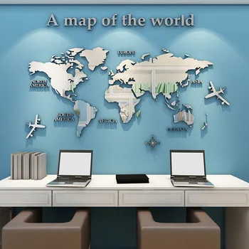 Hõbe-Peegel Pind Seina kleebis Maailma kaart Creative DIY Akrüül 3D Kleebised Leibkonna office elutuba DIY art wall decor