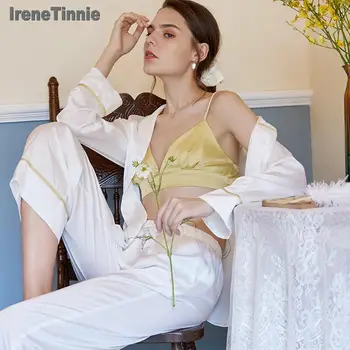 IreneTinnie2 Tükki Satiin Pidžaama Komplekt Sügis Naiste Sleepwear Pikad Varrukad Pidžaama naised, Daamid Valge eritrükiga Pidžaamad