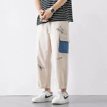 Jaapani Fashion Streetwear Cargo püksid meestele Harajuku Graffiti Kottis Lai Jalg Vabaaja Püksid Pahkluu Pikkusega Püksid Riided Valge