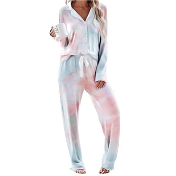 JUULI LAULU Pidžaama Komplekt Vabaaja Tie-dye Rinnamikrofon Naiste Sügis-Kevad Sleepwear Puuvill Kudumise Pikkade varrukatega Püksid Kodus kandma