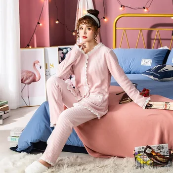 JUULI LAULU Uus Mood Soe Flanell Pidžaama Komplekt Naiste Sügis-Talv Pajama Pits, Roosa Sleepwear Paks Pehme Homewear Daamid