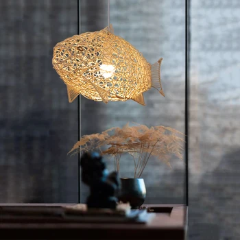 Kaasaegne lihtne rotangist kala lühter restoran isiksus loominguline käsitsi kootud kala-kujuline lamp