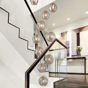Kaasaegne minimalistlik suitsu hall maagia bean klaas lambivarju lühter saab kohandada duplex trepikoda teenetemärgi LED valgustus