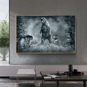 Karu ja hunt võidelda joonis Lõuendil Maali Cuadros Plakatid ja Pildid Seina Art Pilt elutuba Magamistuba Decor