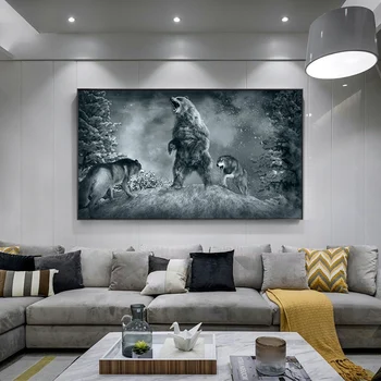 Karu ja hunt võidelda joonis Lõuendil Maali Cuadros Plakatid ja Pildid Seina Art Pilt elutuba Magamistuba Decor