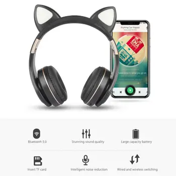 Kass Kõrva 5.0 Bluetooth Kõrvaklapid LED Müra Tühistamises Tüdrukud-Lapsed Armsad, Peakomplekti Toetada TF-Kaardi Pesa 3,5 mm Mikrofoni Juhtmeta Kõrvaklapid