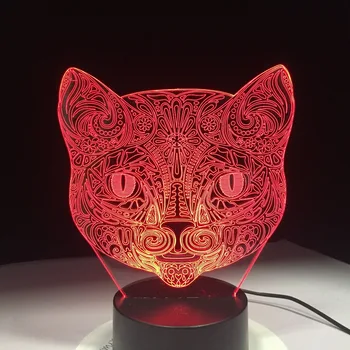 Kassi Nägu 3D Visuaalne Lamp Optiline Illusioon Led Night Light Hämmastav, 7 Värvid Art Kassi Pea Puutetundlik Lüliti Lambi Tilk Laevandus