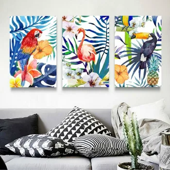 KINDEL ELU Kaasaegne Värviline Jätab Lilled Flamingo Papagoi Lõuend Maalid Prindi Plakat Seina Art Pilte elutuba Decor