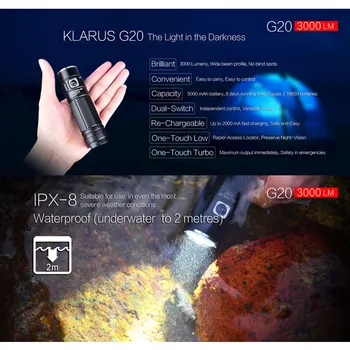 KLARUS G20 LED Taskulamp 3000 Lumens CREE XHP70 N4 Suure Võimsusega Laetav Taskulamp koos 26650 Aku Otsingu Matkamine