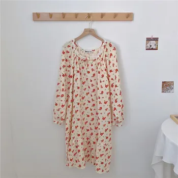 Korea stiilis armas naiste nightgowns pikad varrukad õie printida puuvill nightdress aprikoosi pits pehme homewear kleit lahti kevadel Y288