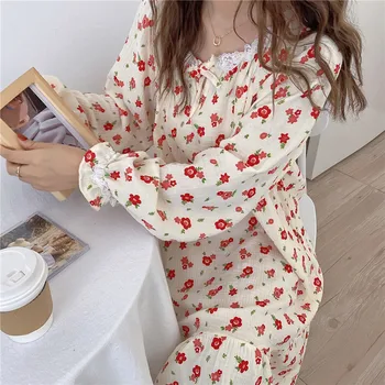 Korea stiilis armas naiste nightgowns pikad varrukad õie printida puuvill nightdress aprikoosi pits pehme homewear kleit lahti kevadel Y288