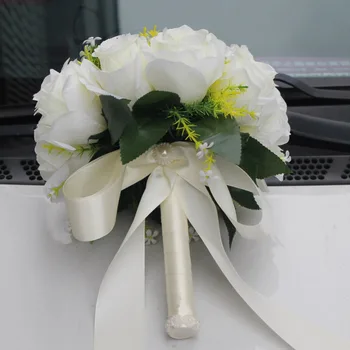 Kunstlik Pulmi Tõusis Lilled Valged Holding Kimp Fleur Artificielle Käsitsi valmistatud Satiin Romantiline Puhas pulmakimbud FW2019A