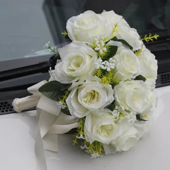 Kunstlik Pulmi Tõusis Lilled Valged Holding Kimp Fleur Artificielle Käsitsi valmistatud Satiin Romantiline Puhas pulmakimbud FW2019A