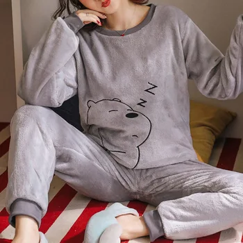 Kvaliteetsed Naiste Pajama Komplekti Talv Pehme Paksenema Cute Cartoon Lapp Sleepwear 2 tk/Komplekt Tops + Soojad Püksid Koju Riideid Mujer