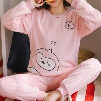 Kvaliteetsed Naiste Pajama Komplekti Talv Pehme Paksenema Cute Cartoon Lapp Sleepwear 2 tk/Komplekt Tops + Soojad Püksid Koju Riideid Mujer