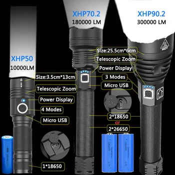Kõige Võimsam XHP90.2 LED Taskulamp USB Laetav Taskulamp XHP70 Taktikaline Taskulamp XHP50 Käsi Tuli with18650 või 26650