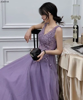 Lavendel lilla pruutneitsi kleit pikk tülli beaded seksikas V-kaeluse Joon vestidos de boda invitada abiti damigella donna rüü demoi