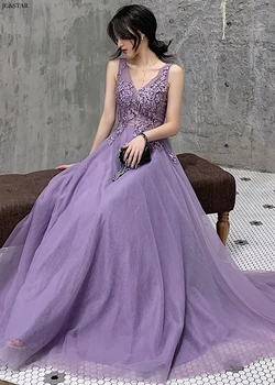 Lavendel lilla pruutneitsi kleit pikk tülli beaded seksikas V-kaeluse Joon vestidos de boda invitada abiti damigella donna rüü demoi