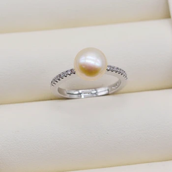 Lihtne pearl ring, 8-9mm looduslikku magevee pärl, 925 sterling hõbe, tsirkoon, reguleeritav, daamid ringi