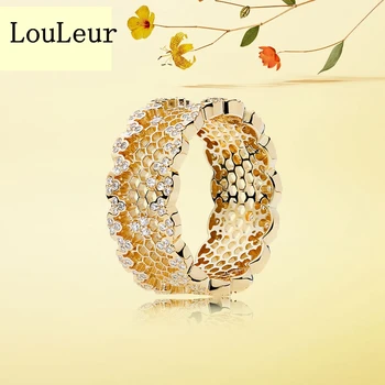 LouLeur 925 sterling hõbe kärgstruktuuri rõngad kulla värvi tsirkoon mood 925 hõbe rõngad naiste pulm ehted võlusid