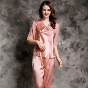 Luksuslik Tikand Reaalne Silk Pidžaamad Naiste Poole Varrukas, V-kaelus Pajama Set Naturaalne Siid 2 Tükki Sleepwear Kodus Kandma