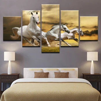 Lõuend HD Prindib Pildid Seina Art 5 tk Valge Hobuse Töötab Rohumaa Maalid Loomade Plakatid Home Decor Raamistik