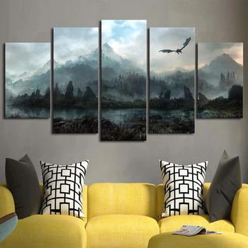 Lõuend Seina Art Pictures Home Decor 5 Tükki, metsa mägi Mäng Dragon Skyrim Maalid elutuba Modulaarne Prindib Plakat