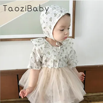 Lõuna-Korea Summer Baby Printsess Lühikesed Varrukad Bodysuit Kleit Naiste Aare Lotus Leaf Krae Ülespuhutud Marli Kleit Müts