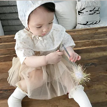Lõuna-Korea Summer Baby Printsess Lühikesed Varrukad Bodysuit Kleit Naiste Aare Lotus Leaf Krae Ülespuhutud Marli Kleit Müts