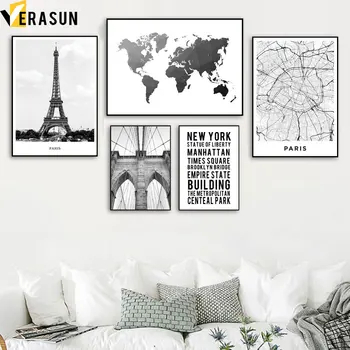 Maailma Kaart Pariisi Torn, New Yorgi Silla Seina Art Lõuend Maali Nordic Plakatid Ja Pildid Seina Pildid Elutuba Decor