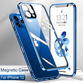 Magnet Case For iPhone 12 Pro MAX 12 Mini Coque 11 Pro MAX Kaamera Objektiiv Protector Film Karastatud Klaasist Kate Metall Bumper Case