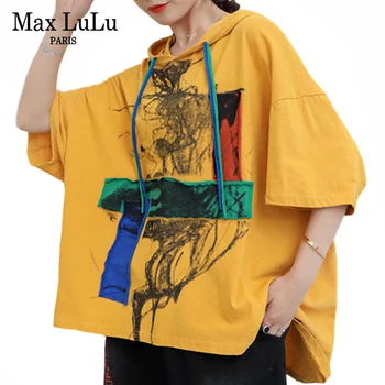 Max LuLu Korea Disainer Suvel Tops Naiste Segast Punk Stiilis Tees Daamid Kapuutsiga Trükitud Tshirts Naine Liiga Riided
