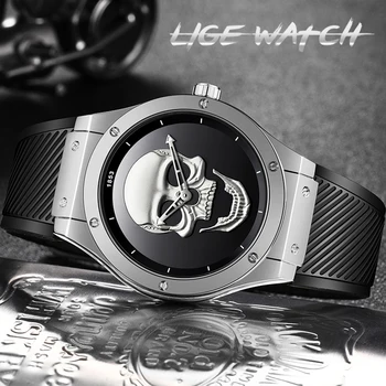 Meeste 3D Kolju kellad LIGE Uus Mood Top Brändi Luksus Veekindel Silikoon Mehi Vaadata Quartz Watch Loominguline Mehed Relogio Masculino