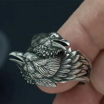 Meeste Kaks Eagle õnnelik Mens Sõrmus Rongad Norse Mythology Hõbedane Värv Odin Vares Roostevabast Terasest Rõngad Põhjamaade Amulett Ehted Pool