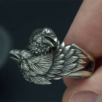 Meeste Kaks Eagle õnnelik Mens Sõrmus Rongad Norse Mythology Hõbedane Värv Odin Vares Roostevabast Terasest Rõngad Põhjamaade Amulett Ehted Pool