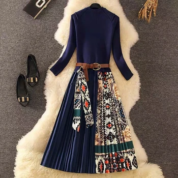 Merchall 2020 Kõrge Kvaliteediga Uus Sügis naiste pikkade varrukatega elegantne kootud Segast lilleline Kleit plisseeritud kampsun midi Kleidid