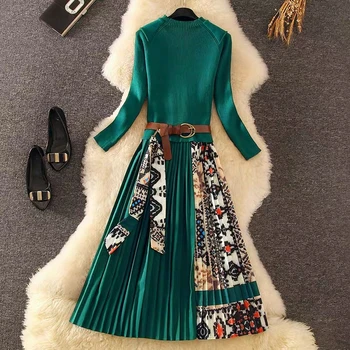 Merchall 2020 Kõrge Kvaliteediga Uus Sügis naiste pikkade varrukatega elegantne kootud Segast lilleline Kleit plisseeritud kampsun midi Kleidid
