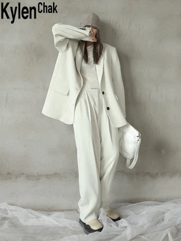 Minimalistlik Vintage Valge Ülikond Naiste Profiili Mõõdus Pilu, Pintsak Jakk Kõrge Vöökoht Püksid 2021 Kevadel Uus Kaks-Töö Stiilne
