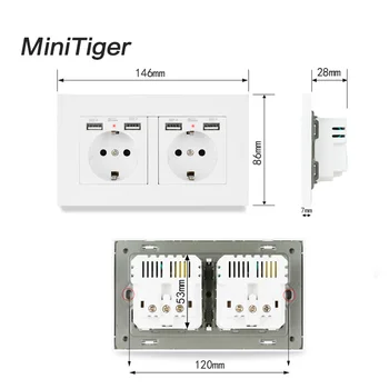 Minitiger 2 Gang Venemaa Hispaania EL Standard seinakontaktist 4 USB Laadimine Sadamas Peidetud Pehme LED-Indikaator PC Panel Must Valge